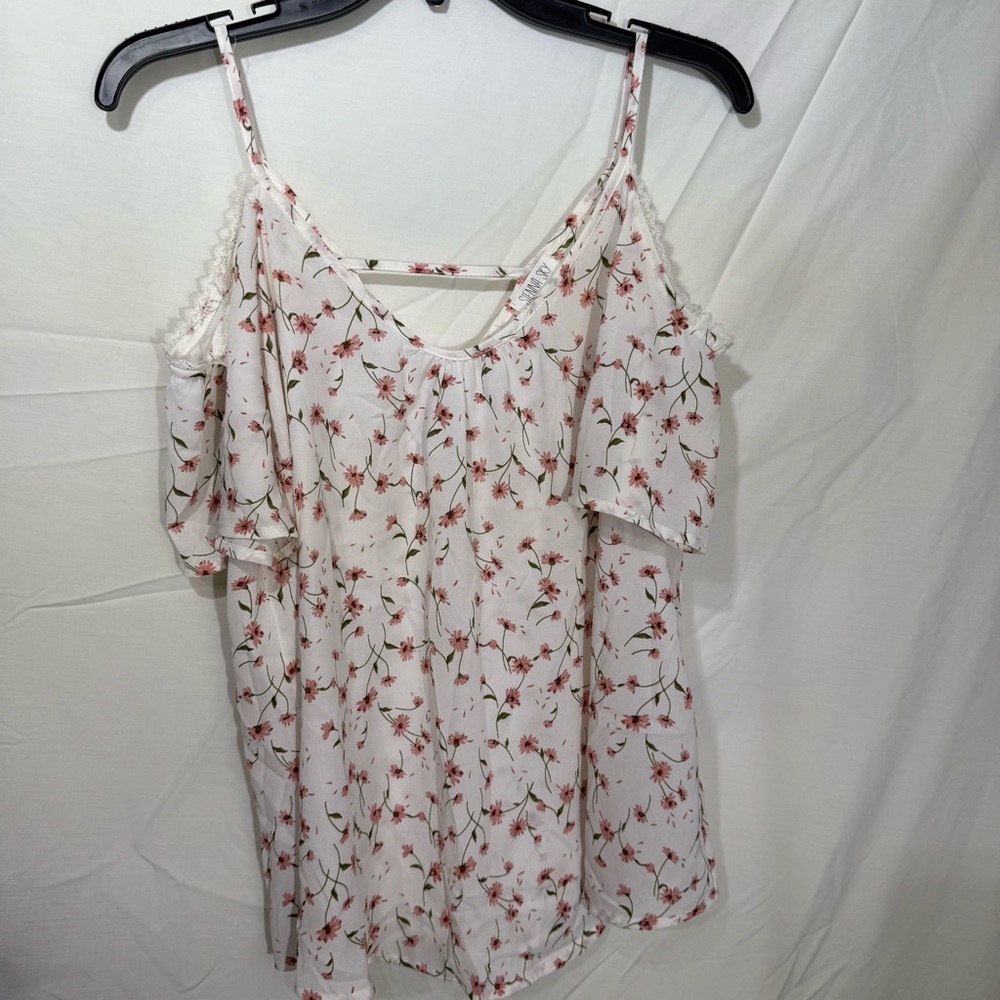 Sienna Sky Blossom Print Blouse in White and Pink, Cold Shoulder Size Large